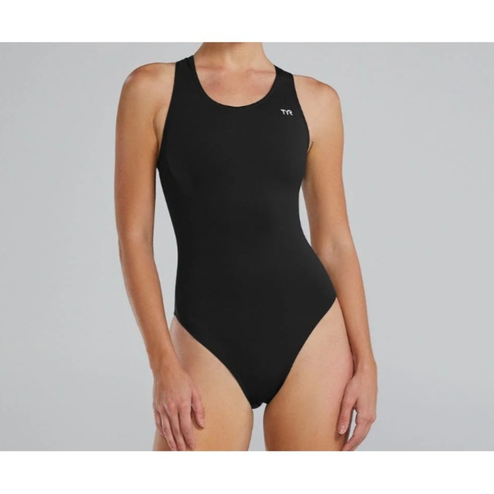 TYR Swimsuit Womens Medium One Piece Solid Black Maxfit Durafast Athletic New